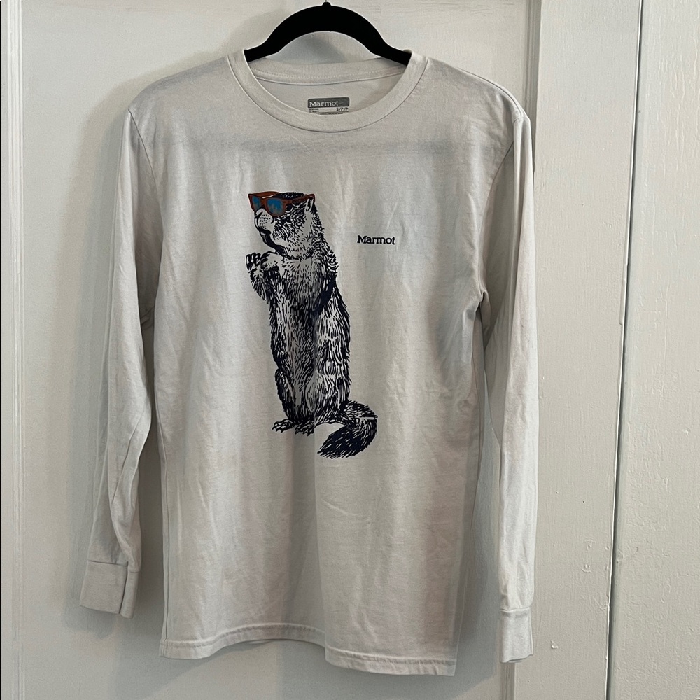 Marmot Off White Long Sleeve Tee with Marmot in Sunglasses Graphic